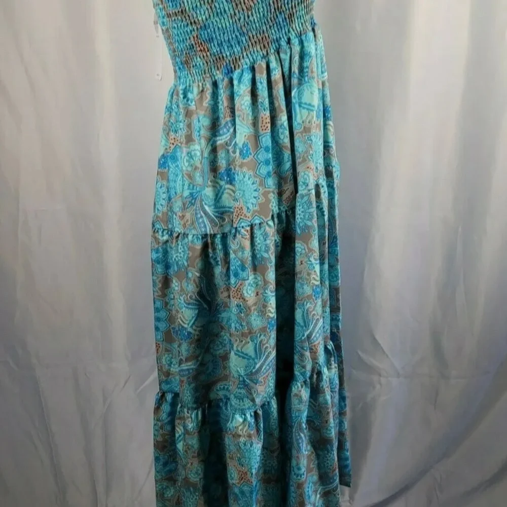 Exlura Strapless Maxi Dress Size Small Blue Tan Paisley Smocked Bodice NEW - Picture 3 of 6